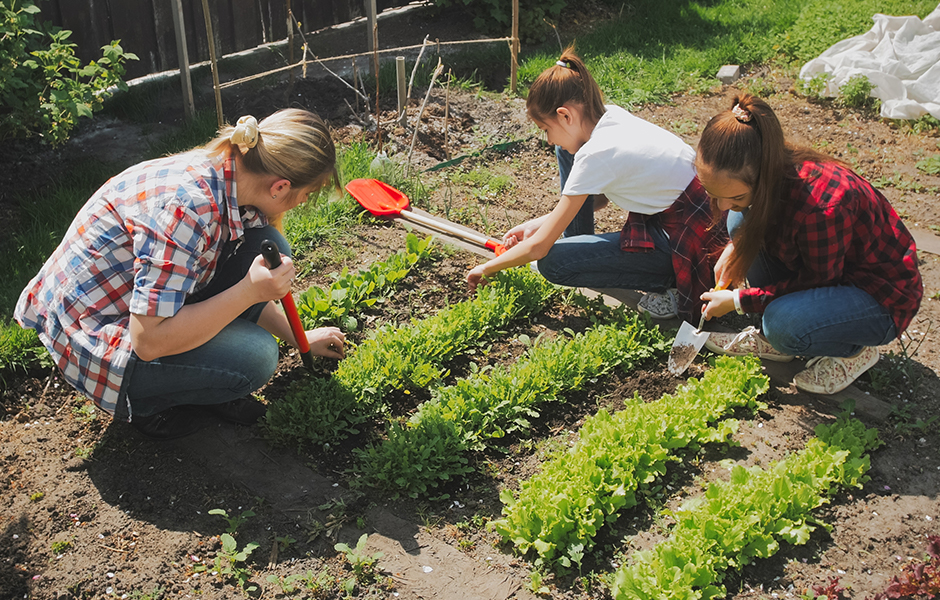 Mother and kids gardening outside in the summer