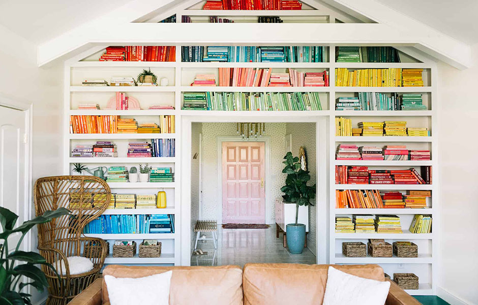DIY rainbow bookshelf on the A Beautiful Mess blog