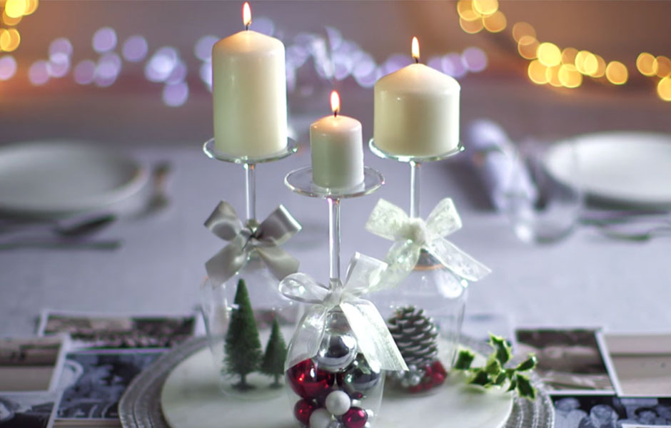 DIY Holiday Decor Wine Glass Candelabra