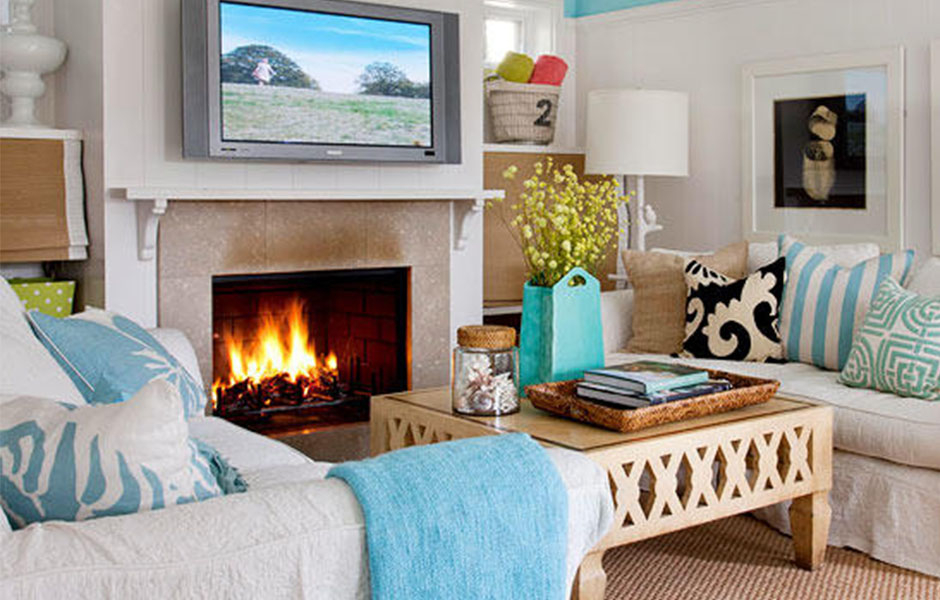 Relaxing living room with light blues, greys and white.