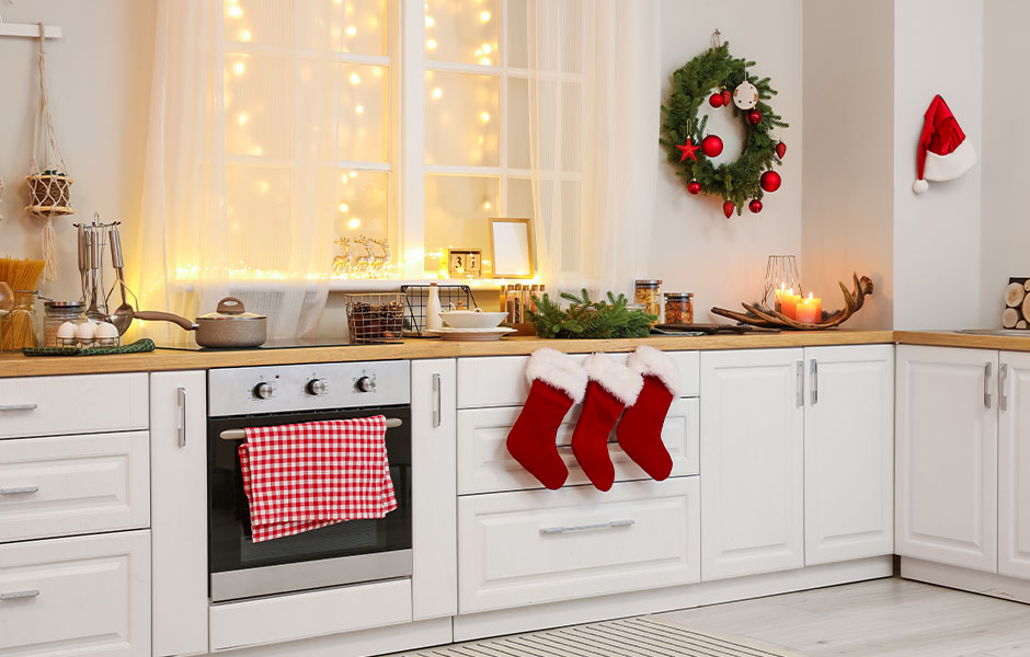 Christmas kitchen idea with stockings and wreaths