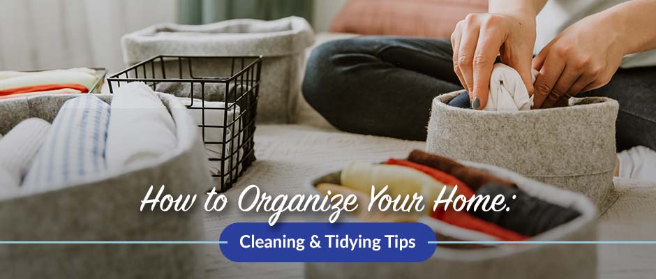 Woman organizing home with baskets