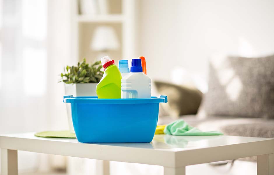 Home cleaning products in living room
