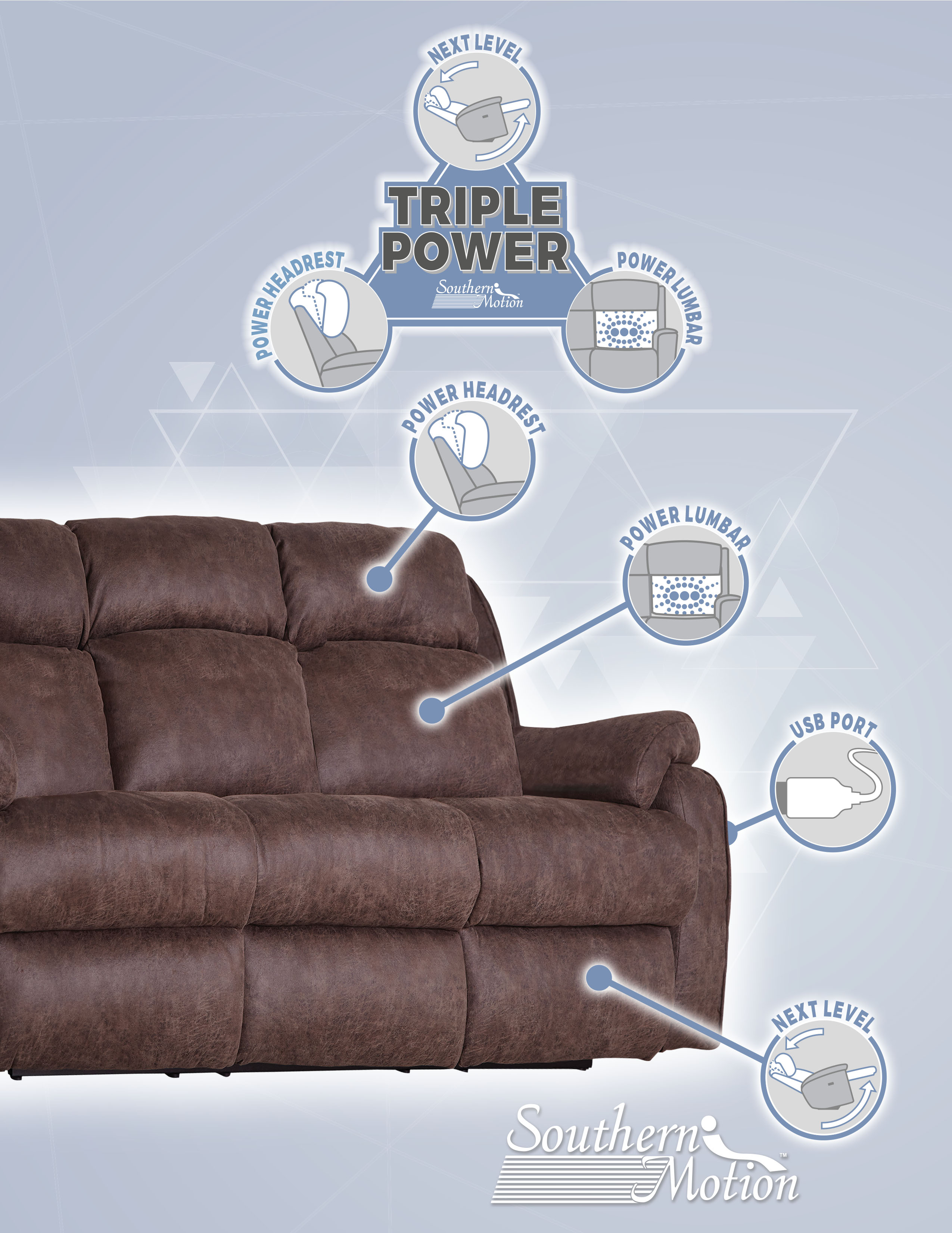 HomeStretch 158 LRMSOF158371 CASUAL TRIPLE POWER RECLINING SOFA WITH POWER  HEADRESTS AND LUMBAR, Turk Furniture